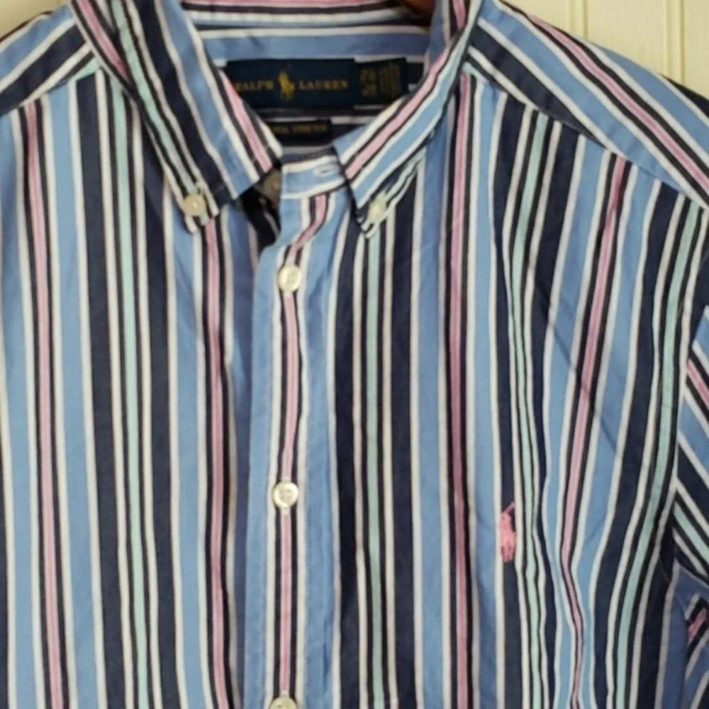 Ralph Lauren Shirt Boys XL 18-20 Blue Stripe Button Down Short Sleeve Pony Logo